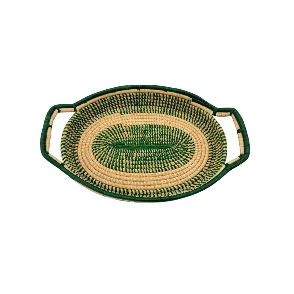 Handmade‎ Woven Oval Basket Tray Green Natural Straw Striped with Handles 22in